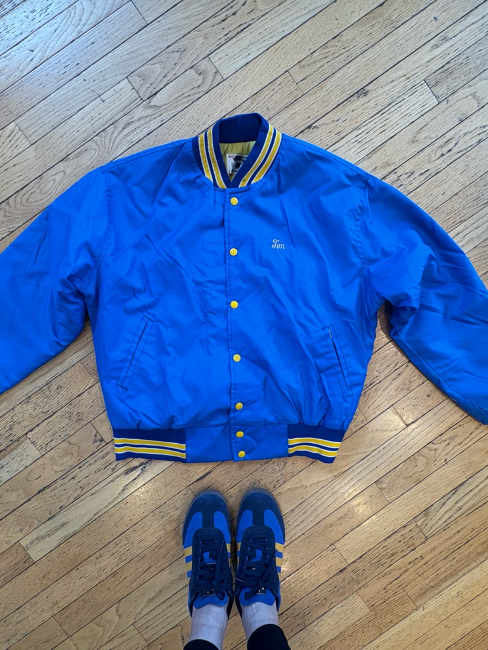 Vintage Blue Bomber Jacket with Yellow Trim for “Tim”